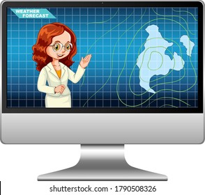 Anchorman reporting weather forecast on tv broadcast or computer screen isolated illustration