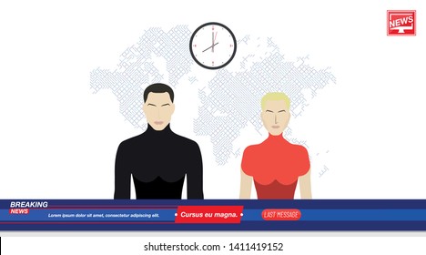 Anchorman's man and a woman in Breaking News In the television studio with world map. Flat vector illustration EPS10