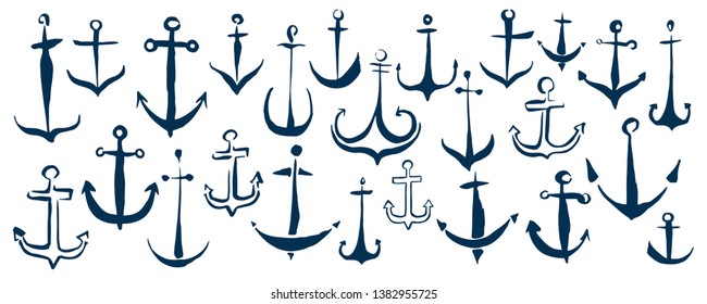 Anchors banner hand painted with ink brush, isolated on white background. Vector illustration