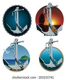 Anchors with chains on the sea background. Vector illustration