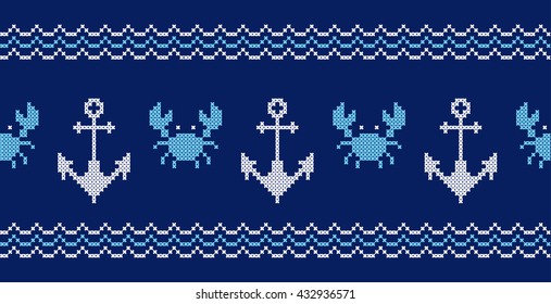 Anchors. Crabs. Sea ornament. Seamless pattern. Cross stitch. Embroidery. Vector border.