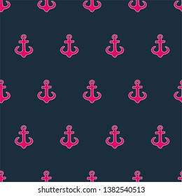 Anchors, cute, vivid pink with white stitches on navy blue background. Vector seamless pattern.