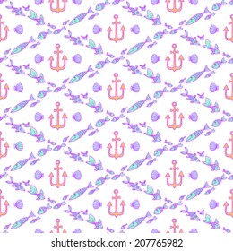 Anchors and fish. Vector seamless pattern.