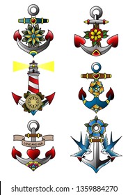 Anchors, Flowers, Swallows, Lighthouse, Heart Traditional Tattoo Designs 