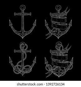 Anchors. Hand drawn sketch on black background. Vector illustration