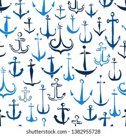 Anchors nautical seamless pattern hand painted with ink brush, isolated on white background. Vector illustration