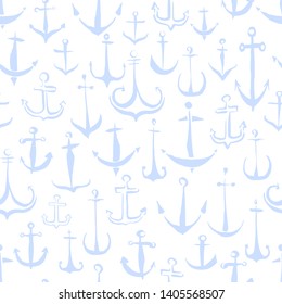 Anchors nautical seamless pattern hand painted with ink brush, isolated on white background. Vector illustration