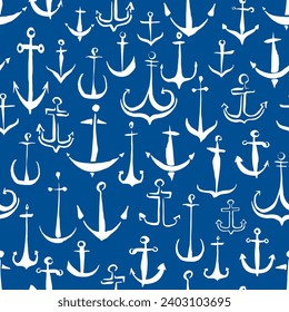 Anchors nautical seamless pattern hand painted with ink brush, isolated on white background. Vector illustration