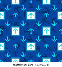 Anchors on blue background. Beautiful unusual seamless marine vector pattern. Suitable for textile, background, sea holiday, postcard, Wallpaper, congratulations. Vector stock.