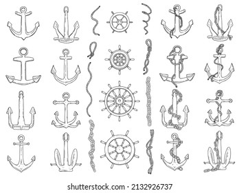 Anchors, rudders and ropes vector set. Black white doodle sketch outline isolated illustration.