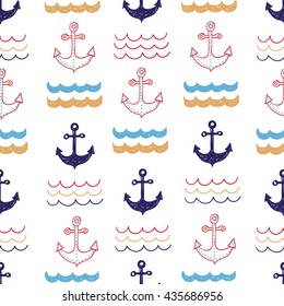 Anchors and sea waves seamless pattern. Doodle vector marine background. Sea wallpaper. 