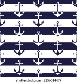 Anchors seamless pattern in white and dark blue colors. Simple silhouettes on striped background. Best for textile, print, wallpapers, and home decoration.