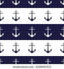Anchors seamless pattern in white and dark blue colors. Simple silhouettes on striped background. Marine boyish theme. Best for childish textile, print, wallpapers, and nursery decoration.