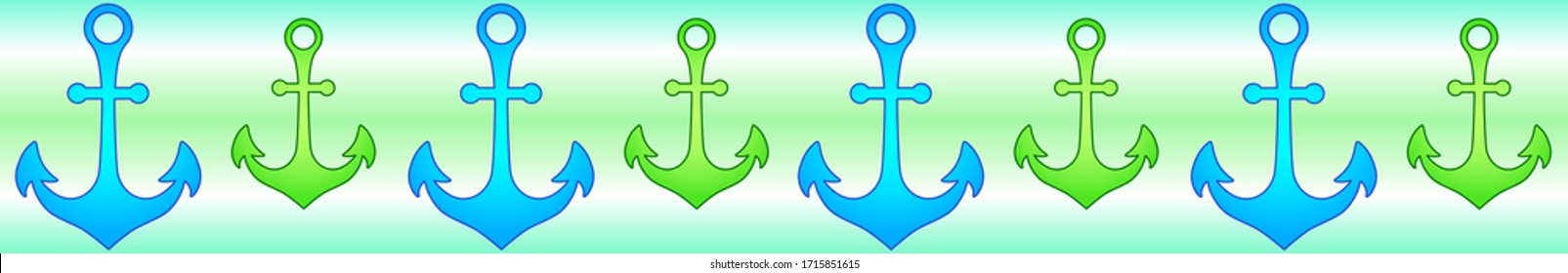Anchors. Seamless vector border ribbon with green and blue anchors. Marine divider with anchors on a gradient green-blue striped background.