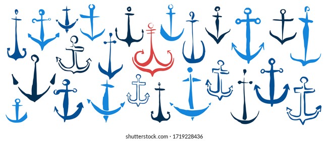 Anchors set hand painted with ink brush, isolated on white background. Vector illustration