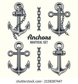 Anchors set of nautical vector objects or design elements in vintage monochrome style isolated on light background
