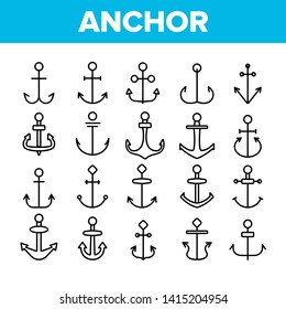 Anchors, Ship Equipment Vector Linear Icons Set. Vessel Old Anchor, Sailing Outline Symbols Pack. Cruise, Marine Shipping And Transportation. Nautical, Maritime Isolated Contour Illustrations