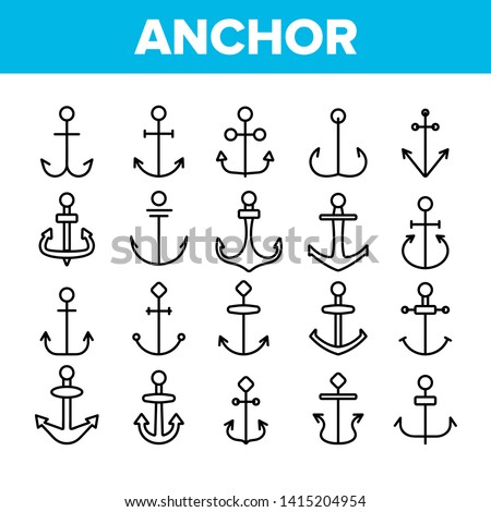 Anchors, Ship Equipment Vector Linear Icons Set. Vessel Old Anchor, Sailing Outline Symbols Pack. Cruise, Marine Shipping And Transportation. Nautical, Maritime Isolated Contour Illustrations