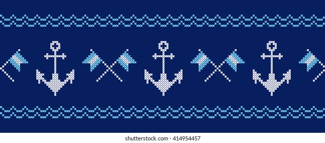 Anchors. Signal flags. Sea ornament. Border. Nautical symbols. Seamless pattern. Cross stitch. Embroidery. Vector.