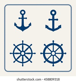 Anchors, steering wheel / ship wheel icons set and nautical rope border - Nautical symbols. Vector illustration