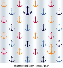 Anchors. Stripes background. Seamless vector pattern