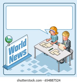 Anchorwoman and anchorman presenting world news. Isometric style template with speech bubble