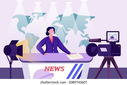 Anchorwoman In Tv Studio Broadcasting Breaking News. Female Journalist Working On Stage With The Desk, Camera, Light, Newscaster For Big Audience. News Anchor. Live News. Cartoon Vector Illustration