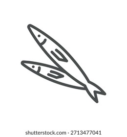 Icono de pescado de anchoa. Ilustración de línea delgada de dos Pequeños peces aceitosos juntos, que simbolizan mariscos, cocina mediterránea y proteínas ricas en Omega 3. Signo de Vector de contorno aislado.