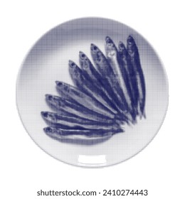 anchovy fish on plate, isolated on white background