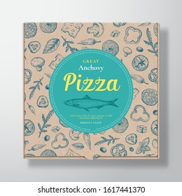 Anchovy Fish Pizza Realistic Cardboard Box. Abstract Vector Packaging Design or Label. Modern Typography, Sketch Seamless Pattern of Cheese, Tomato, Sausages. Craft Paper Background Layout. Isolated.