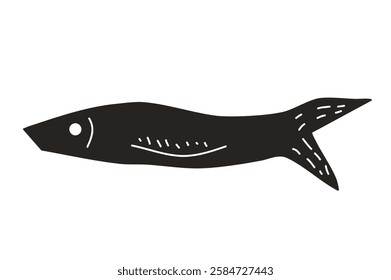 Anchovy fish. Sardine textured element. Salmon silhouettes. Undersea animal. Vector hand drawn cutout collage illustration isolated on white background.