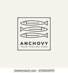 diseño de ilustración vectorial de la plantilla de logotipo de arte de línea simple de peces anchovy. concepto de logotipo de monolina en restaurante minimalista