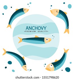 Anchovy fish vector illustration. Small salted fodder fish of the Engraulidae family. Peruvian anchovy. Tasty food. Seafood healthy diet. California anchovy.