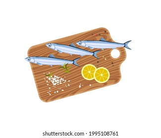 Anchovy fishes on cutting board with lemon, salt and pepper. Vector illustration cartoon flat icon isolated on white background.