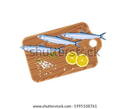 Anchovy fishes on cutting board with lemon, salt and pepper. Vector illustration cartoon flat icon isolated on white background. Stock photo © 