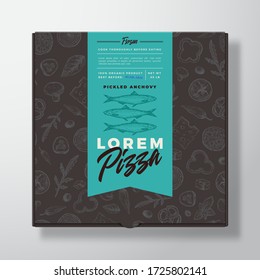 Anchovy Frozen Pizza Realistic Cardboard Box. Abstract Vector Packaging Design or Label. Modern Typography, Sketch Seamless Food Pattern. Black Paper Background Layout. Isolated.