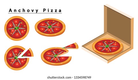 Anchovy Pizza,box of pizza, isometric pizza, slice of pizza. 