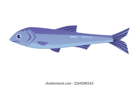 Anchovy small valuable shoaling fish, flat cartoon vector illustration isolated on white background. Anchovy edible fish and seafood delicatessen icon or symbol.