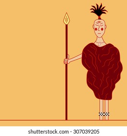 Ancient aborigine. Vector outline image. Hunter illustration.