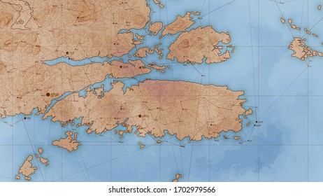 Ancient abstract earth relief map with big data and connections. Generated conceptual vector elevation map. Isolines of fantasy landscape. Geographic map vintage design. Elegant topography