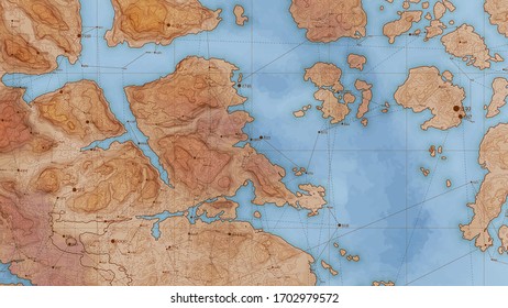 Ancient abstract earth relief map with big data and connections. Generated conceptual vector elevation map. Isolines of fantasy landscape. Geographic map vintage design. Elegant topography
