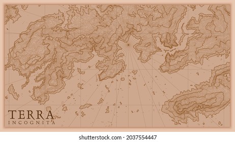 Ancient abstract earth relief old map. Generated conceptual vector elevation map of fantasy landscape.