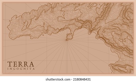 Ancient abstract earth relief old map. Generated conceptual vector elevation map of fantasy landscape.