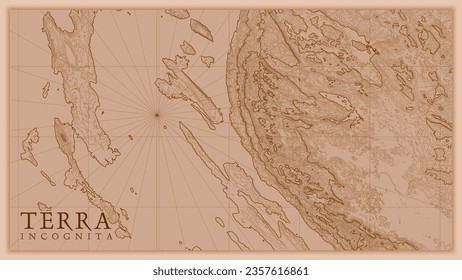 Ancient abstract earth relief old map. Generated conceptual vector elevation map of fantasy landscape.