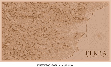 Ancient abstract earth relief old map. Generated conceptual vector elevation map of fantasy landscape.