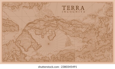 Ancient abstract earth relief old map. Generated conceptual vector elevation map of fantasy landscape.