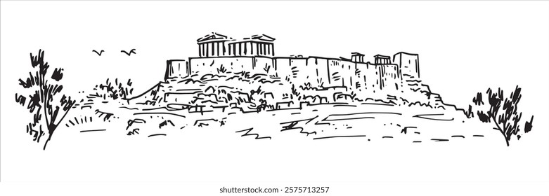 ancient acropolis with parthenon ruins in black outline drawing