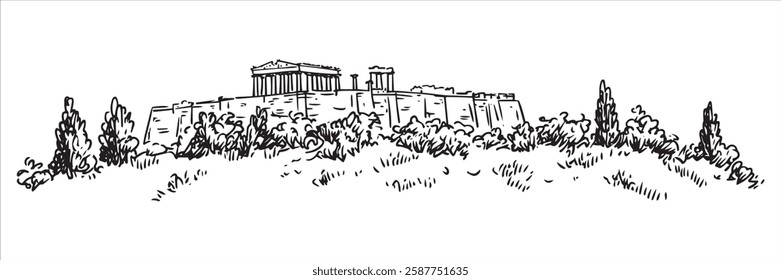 ancient acropolis with parthenon temple in hand-drawn line art style