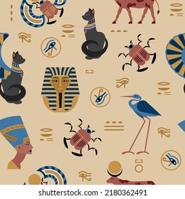 Ancient Africa pattern. Egyptian print. Mythology animals. Tutankhamun sculpture. Hieroglyph symbols. Egypt elements and landmarks with abstract backdrops. Vector seamless background