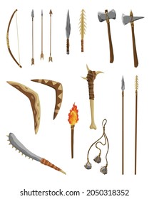 Ancient age stone tools and weapon for hunting or work. Cartoon hammer, axe, arrow and spear with arrowhead prehistoric caveman instrument. Vector illustration of primitive culture tools in flat style